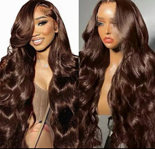 30’’ 13x6 Dark Brown Body Wave Human Hair Lace Front Wig 31-40in Side Part Wavy picture