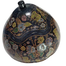 Vintage Hand Painted Butterfly & Floral Gourd Trinket Box Artisan Folk Art Jar picture