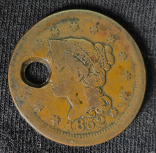 1852 Braided Hair Large Cent Pre-Civil War U.S. Copper – Holed -FREE SHIPPING #2 picture