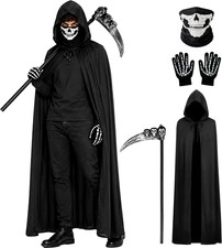 Halloween Grim Reaper Hooded Cloak Cape Costume Scary Cosplay Party Outfit Set picture