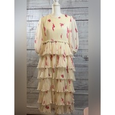 Ganni Cream Tiered Ruffle Maxi Dress with Pink Floral Print picture