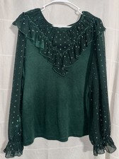 LOFT Women's Green Polka Dot Ruffle Round Neck Long Sleeve Blouse XXL picture