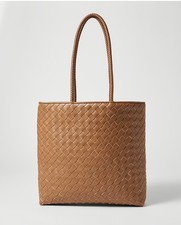 NWT ANN TAYLOR Weekend Woven Tote Autumn Ochre Brown $148 Faux Leather NEW picture