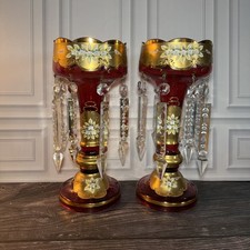 Pair Vintage Bohemian Ruby Glass Mantle Lusters Prisms 13