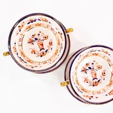 Vtg Nikko Stone China Cream Soup Bowls Set with Saucer Chinoiserie Hand Painted picture