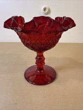 Vintage Fenton Ruby Red Amberina Diamond Pattern Ruffled Compote￼ picture