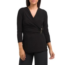 NWT Anne Klein Women's V-Neck Three Quarter Sleeve Faux Wrap Top Blouse   S,M,L picture