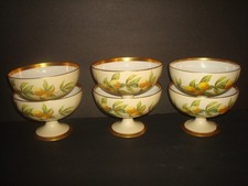 T&V LIMOGES SET of(6)FOOTED DESSERT FRUIT BOWLS ORANGES,GREEN LEAF&CROSBY,4 3/4