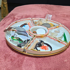 Herend Hungary Porcelain Round Divided Platter 6 Compartments White Red Gold picture