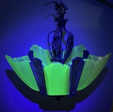 re 1930s  5-Light Slip Shade Chandelier - All Original, MINT Uranium Glass picture