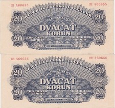 Czechoslovakia 2 X 20 Korun 1944 XF+ aUNC NOT Perforated consecutive picture