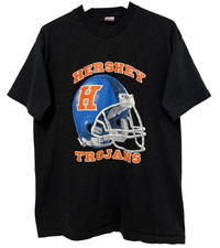 L/XL Vtg 90s Hershey High School Trojans Football Single Stitch Black T-Shirt picture