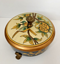Vintage Wood Footed Trinket Box By Oriental Accents Hand Painted Bird & Flowers picture