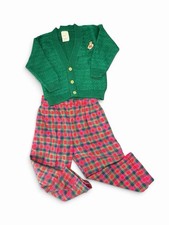 Vintage Toddler Boys Preppy Outfit Size 3T Green Cardigan Plaid Pants USA picture