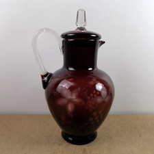 Antique Bohemian Glass Lidded Pitcher Cut Amethyst Grape Vine Design 10.5