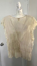 A.N.A Women’s XL Ivory Striped V-Neck Short Flutter Sleeve Elastic Waist Blouse picture