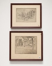 Pair Antique Powell Signed Etchings European Architecture Street Art Set picture