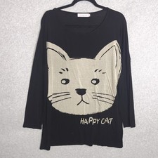 Allegra K Women's L Black Long Sleeve Happy Cat Graphic Tunic Top Oversized picture