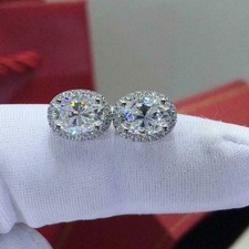4Ct Oval Cut Lab Created Diamond Push Halo Stud Earrings 14K White Gold Finish picture