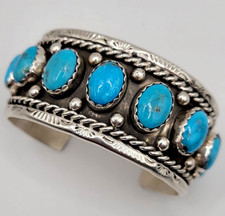 Native American Sterling Silver         king man Turquoise Stamped Cuff Bracelet picture