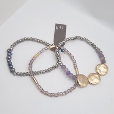 Boho Peacock Pearl Amethyst Beaded Stretch Bracelet Set J Jill Stackable Preppy picture