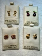 4 Pair 12k Gold Filled Pierced Earrings Seahorse,Butterflies, Apple,and Pear NWT picture