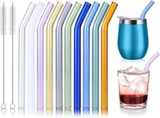 10 Pcs Reusable Bent Short Glass Straws,6''X10 Mm Colorful Cocktail Glass picture