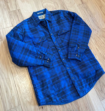 Vintage Early 90s Saucatuck Drygoods Co Quilted Shirt Jacket Blue Plaid XL TALL picture