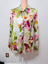 Zara Women’s Floral Satin Silk Collared Long Sleeve Button-Up Blouse L picture