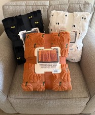 NWT Costco Halloween Faux Fur Throw Blanket Ghost Cat Pumpkin picture