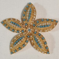 Vintage Sarah Coventry Ocean Star Brooch Gold Tone Turquoise Pearl Flower 2.5