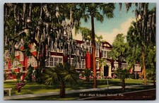 Postcard F 68, High School, Deland, Fla, Moss Covered Trees Line The Front, Line picture