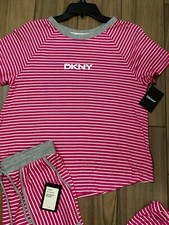 DKNY Sleep Lounge Set Women's Size S Short Sleeve Top and Pants Hot Pink Stripe picture