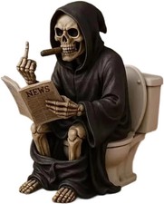 Funny Grim Reaper Toilet Statue Middle Finger Resin Gothic Halloween Decor Gift picture