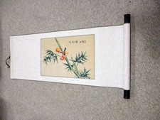 Vintage Chinese Silk Scroll Painting Winter Splendor Birds Bamboo Signed 3192  picture