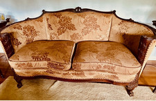 Vintage Mid-Century Carved Wood Camelback Sofa Floral Brocade Beige 70