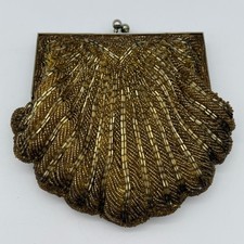 Vintage 50s Walborg Beaded Clutch Bag Gold Shell Shape Evening Purse picture