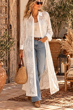 Chico's White Sheer Embroidered Mesh Button-Front Long Shirt Duster 12P picture