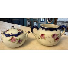 Vintage Cobalt Blue & White Porcelain Small Teapot & Two-Handled Bowl Set picture