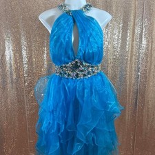NWT Electric Blue Beaded Halter Organza Ruffle Mini Dress Backless/Size 2XL picture
