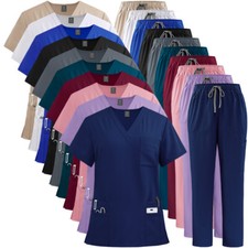 Niaahinn Medical Nurse Uniform Women Men Scrub Set V-Neck Top Straight Pant picture