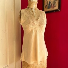 Vintage 1930s Ballet Slipper Pale Pink Silk Ecru Lace Bias Cut Pajama Top Size S picture