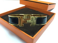 Hermes Enamel Bracelet 18K Gold Tone Brass Clic Clac H Classic Bangle Black PM picture