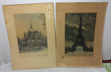 2 Vintage Paris Etchings, Eiffel Tower & Notre Dame Cathedral, Signed Bertin picture