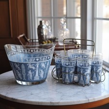 Vintage Jeannette Glass Punch Set, Hellenic Blue Greek Key Design, 1950s Barware picture