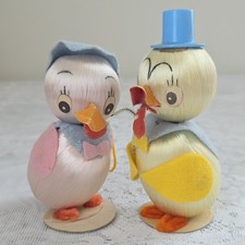 Vtg Anthropomorphic Mr. & Mrs. Easter Chicks Satin Ball Felt Pink & Yellow Japan picture