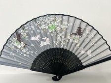 ⁠Vintage Japanese Silk Folding Hand Fan Sheer Grey White Rabbits Pagoda Blossoms picture