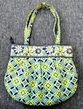 USED Vera Bradley Zipper Purse Tote Green / Blue Floral Pattern ~ 12'' x 10.5'' picture