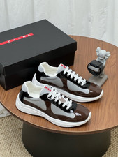 Prada America's Cup Brown Black Patent Leather Mesh Men Low Top Casual Sneakers picture