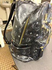 MCM Black Logo Pattern Backpack Zip Closure Adjustable Straps Pockets picture